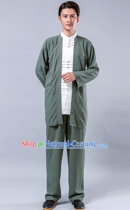 Top Grade Chinese Kung Fu Costume Tai Ji Training Green Linen Uniform, China Martial Arts Tang Suit Gongfu Clothing for Men