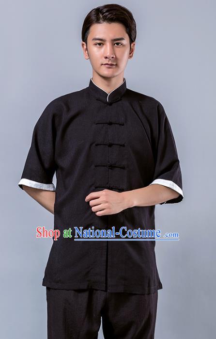 Top Grade Chinese Kung Fu Costume Tai Ji Training Black Linen Uniform, China Martial Arts Tang Suit Gongfu Clothing for Men