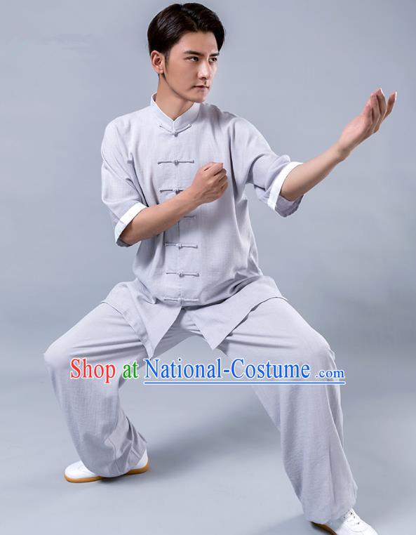 Top Grade Chinese Kung Fu Costume Tai Ji Training Grey Linen Uniform, China Martial Arts Tang Suit Gongfu Clothing for Men