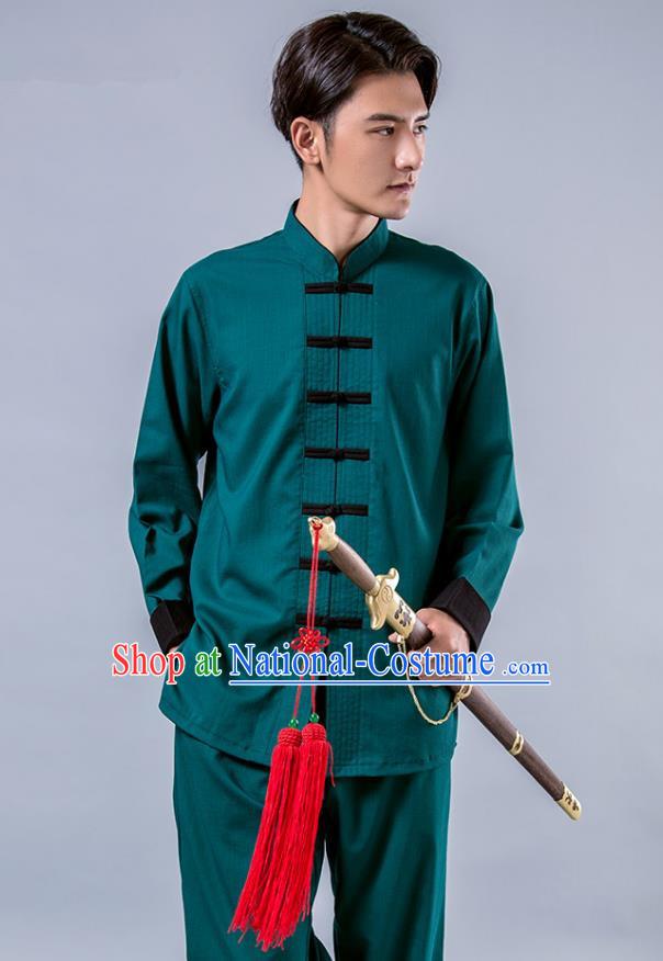 Top Grade Chinese Kung Fu Costume Tai Ji Training Green Uniform, China Martial Arts Tang Suit Gongfu Clothing for Men