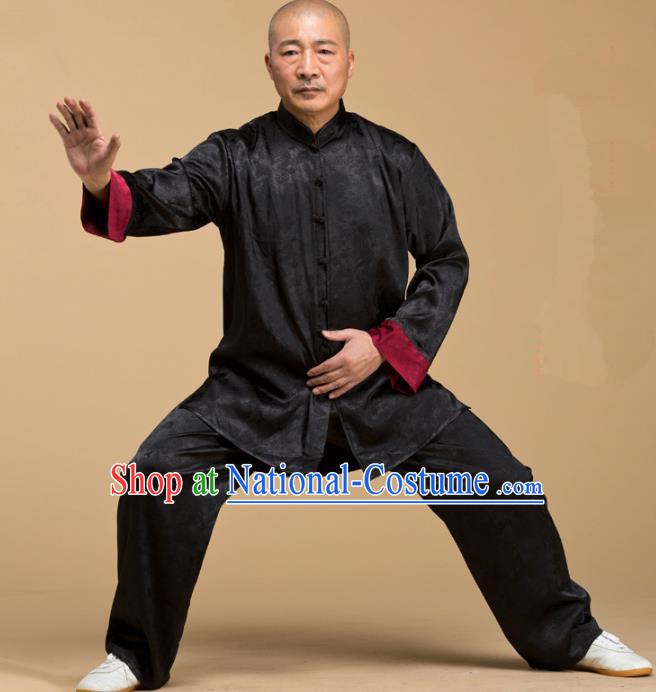 Top Grade Chinese Kung Fu Costume Tai Ji Training Uniform, China Martial Arts Gongfu Black Clothing for Men