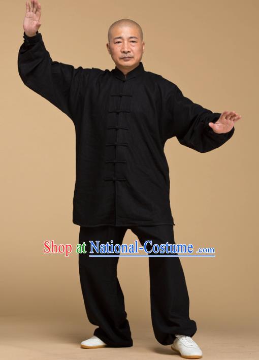 Top Grade Chinese Kung Fu Costume Tai Ji Training Black Linen Uniform, China Martial Arts Gongfu Clothing for Men