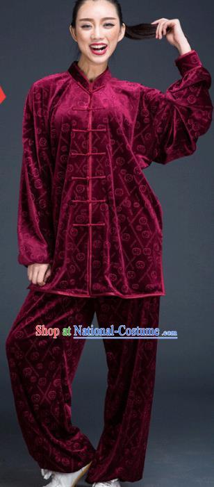 Top Grade Chinese Kung Fu Plated Buttons Costume Wine Red Pleuche Martial Arts Uniform, China Tai Ji Wushu Clothing for Women