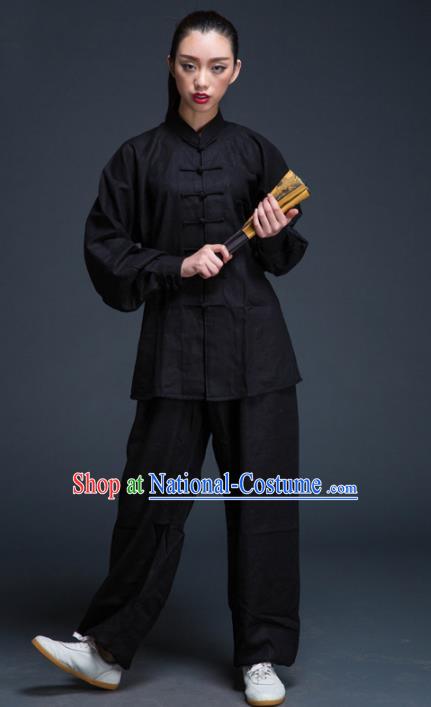 Top Grade Chinese Kung Fu Plated Buttons Costume Black Linen Martial Arts Uniform, China Tai Ji Wushu Clothing for Women