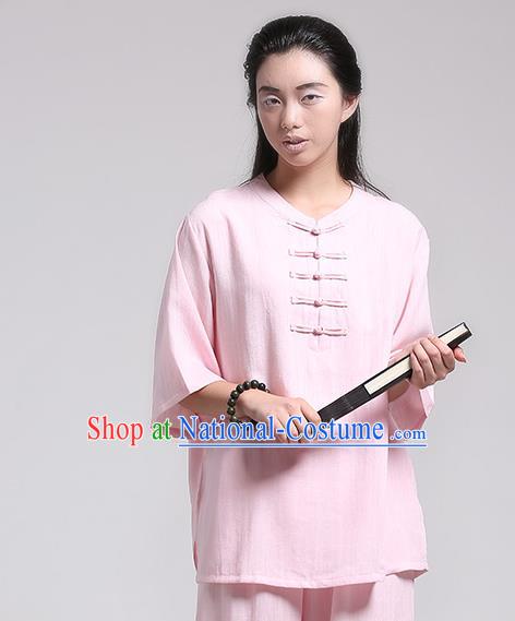 Top Grade Chinese Kung Fu Costume Martial Arts Pink Uniform, China Tai Ji Wushu Plated Buttons Clothing for Women