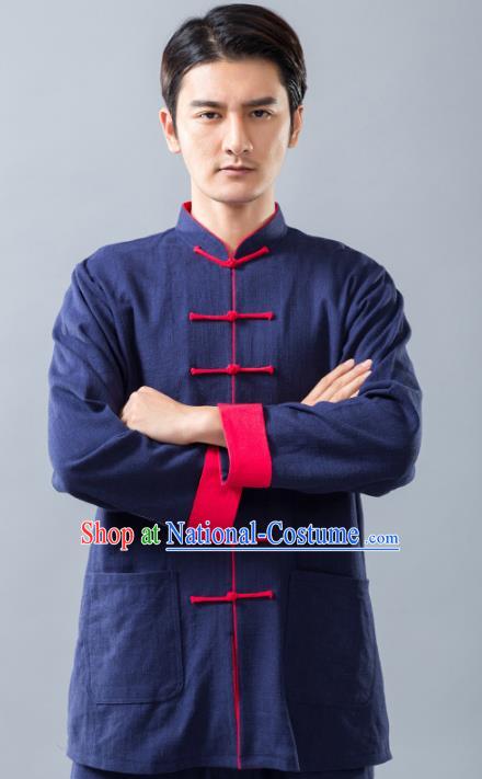 Top Grade Chinese Kung Fu Blue Linen Costume Tai Ji Training Uniform, China Martial Arts Tang Suit Gongfu Clothing for Men