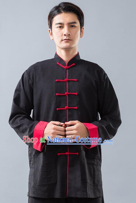 Top Grade Chinese Kung Fu Black Linen Costume Tai Ji Training Uniform, China Martial Arts Tang Suit Gongfu Clothing for Men