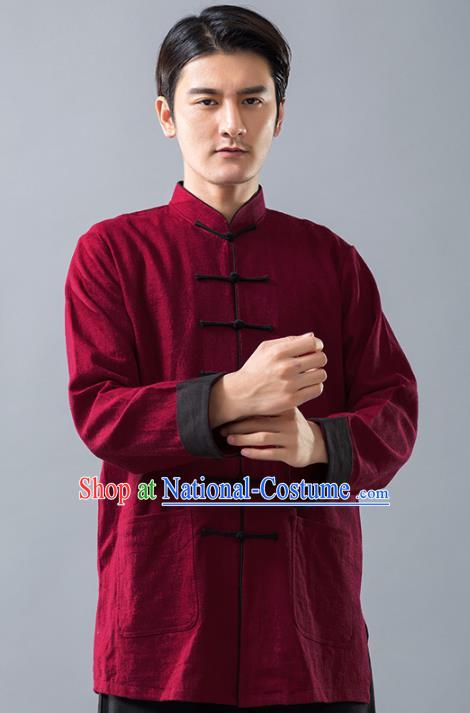 Top Grade Chinese Kung Fu Wine Red Linen Costume Tai Ji Training Uniform, China Martial Arts Tang Suit Gongfu Clothing for Men