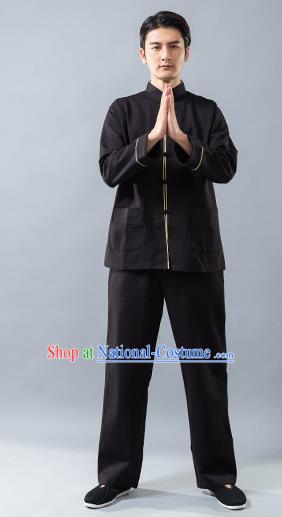 Top Grade Chinese Kung Fu Costume Tai Ji Training Black Uniform, China Martial Arts Tang Suit Gongfu Clothing for Men