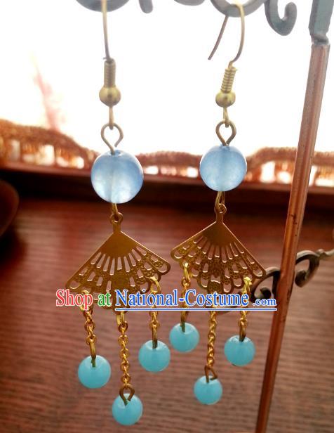 Traditional Handmade Chinese Ancient Princess Hanfu Eardrop Accessories Classical Blue Beads Tassel Earrings for Women