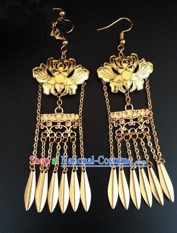 Traditional Handmade Chinese Ancient Princess Hanfu Golden Lotus Tassel Eardrop Accessories Classical Earrings for Women