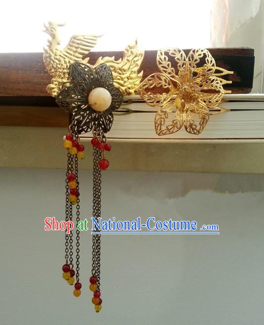 Handmade Traditional Chinese Classical Hair Accessories Ancient Hanfu Golden Tassel Phoenix Hairpins for Women