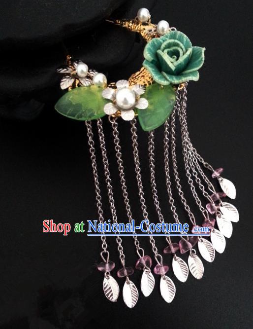 Handmade Traditional Chinese Classical Hair Accessories Ancient Bride Hanfu Hairpins Green Flowers Step Shake for Women