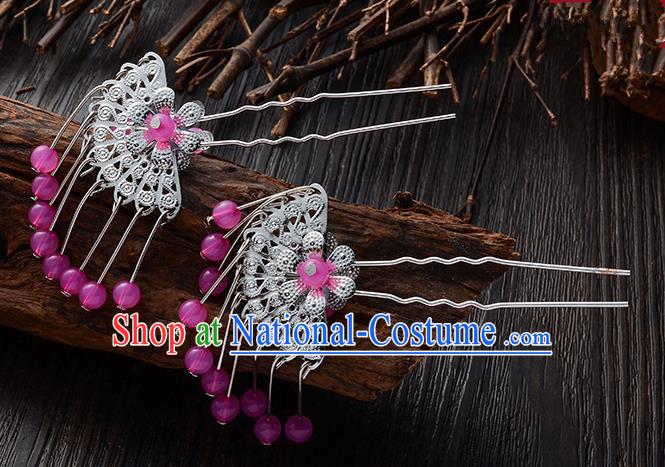 Handmade Asian Chinese Classical Hair Accessories Ancient Purple Beads Tassel Hairpins Headwear for Women