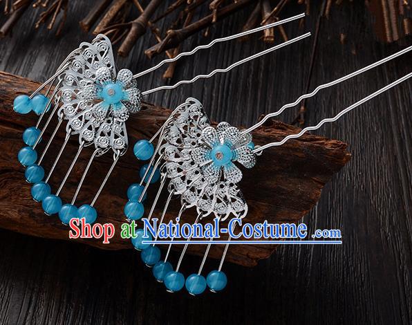 Handmade Asian Chinese Classical Hair Accessories Ancient Blue Beads Tassel Hairpins Headwear for Women