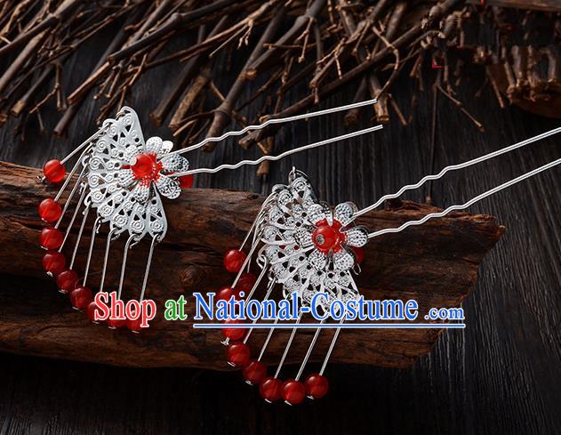 Handmade Asian Chinese Classical Hair Accessories Ancient Red Beads Tassel Hairpins Headwear for Women