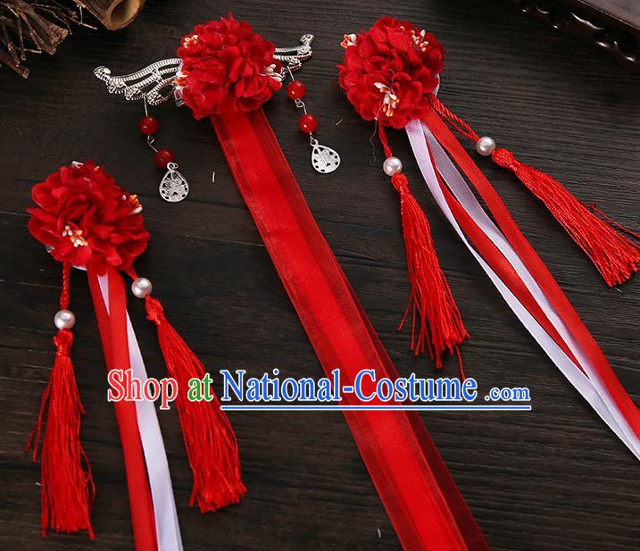 Handmade Asian Chinese Classical Hair Accessories Ancient Red Silk Flower Hairpins Headwear for Women