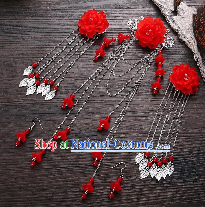 Handmade Asian Chinese Classical Hair Accessories Ancient Red Flower Hair Stick Hairpins for Women