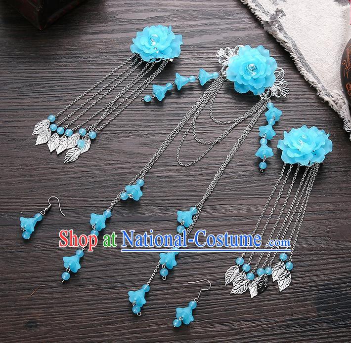 Handmade Asian Chinese Classical Hair Accessories Ancient Blue Flower Hair Stick Hairpins for Women