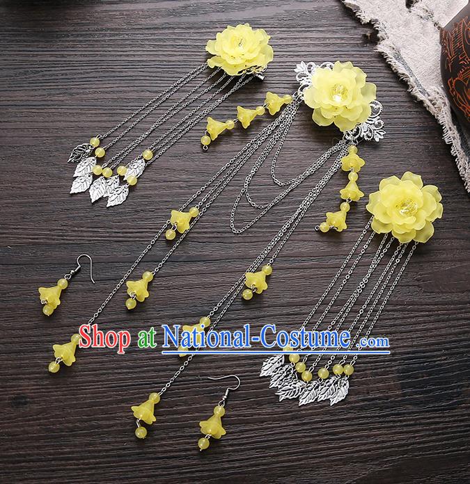 Handmade Asian Chinese Classical Hair Accessories Ancient Yellow Flower Hair Stick Hairpins for Women