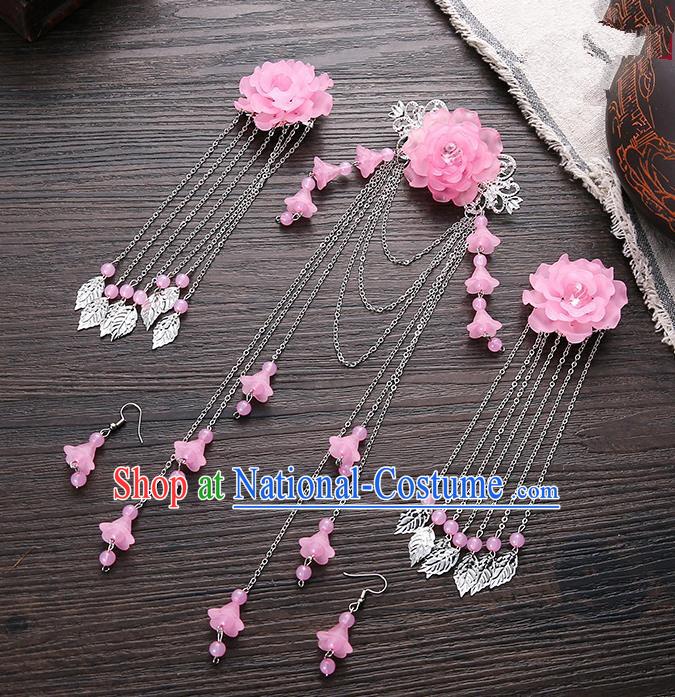 Handmade Asian Chinese Classical Hair Accessories Ancient Pink Flower Hair Stick Hairpins for Women