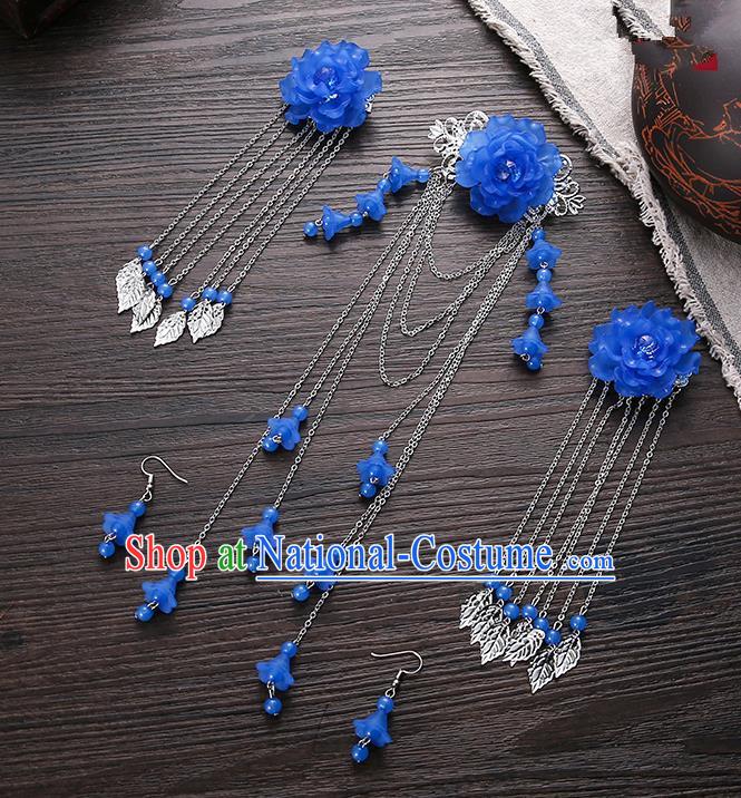 Handmade Asian Chinese Classical Hair Accessories Ancient Deep Blue Flower Hair Stick Hairpins for Women