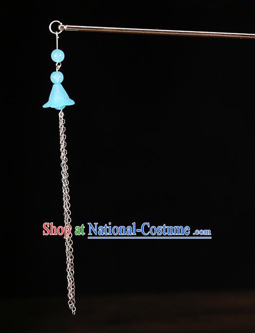 Handmade Asian Chinese Classical Hair Accessories Ancient Blue Tassel Step Shake Hairpins for Women