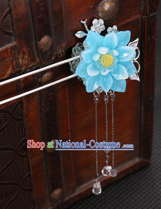 Handmade Asian Chinese Classical Hair Accessories Blue Flower Hair Clip Ancient Hanfu Hairpins for Women