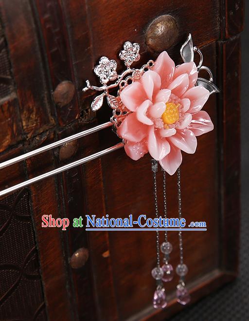 Handmade Asian Chinese Classical Hair Accessories Peach Pink Flower Hair Clip Ancient Hanfu Hairpins for Women