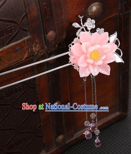 Handmade Asian Chinese Classical Hair Accessories Pink Flower Hair Clip Ancient Hanfu Hairpins for Women