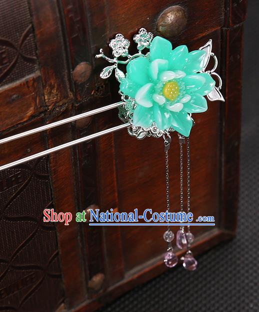 Handmade Asian Chinese Classical Hair Accessories Green Flower Hair Clip Ancient Hanfu Hairpins for Women