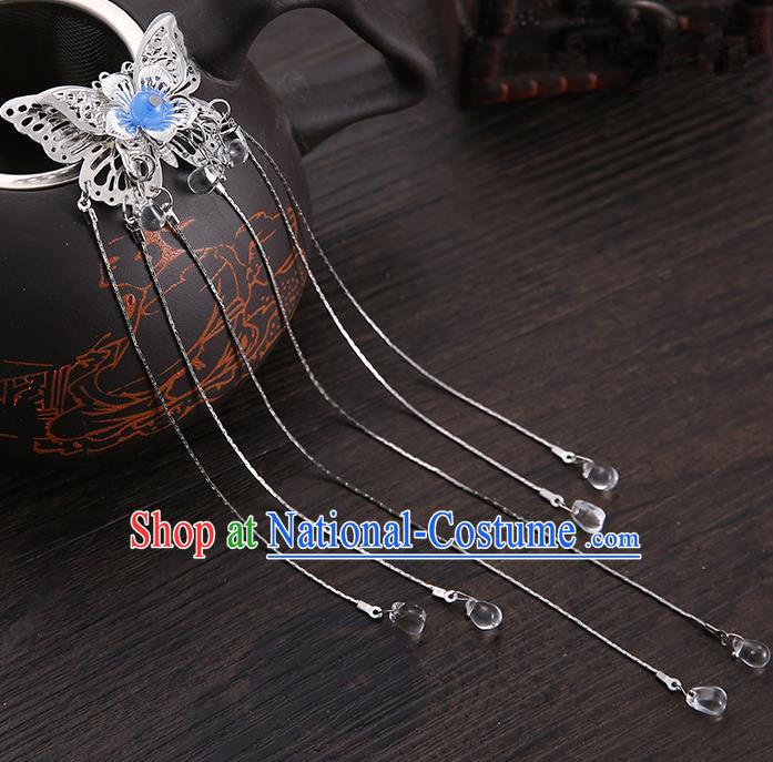 Handmade Asian Chinese Classical Hair Accessories Blue Butterfly Hair Stick Ancient Hanfu Hairpins for Women