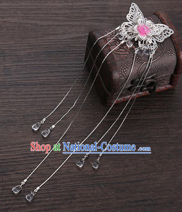 Handmade Asian Chinese Classical Hair Accessories Pink Butterfly Hair Stick Ancient Hanfu Hairpins for Women