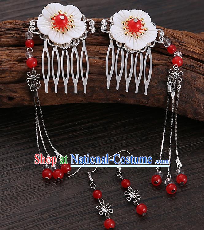 Handmade Asian Chinese Classical Hair Accessories Shell Hair Stick Hairpins and Red Beads Earrings for Women