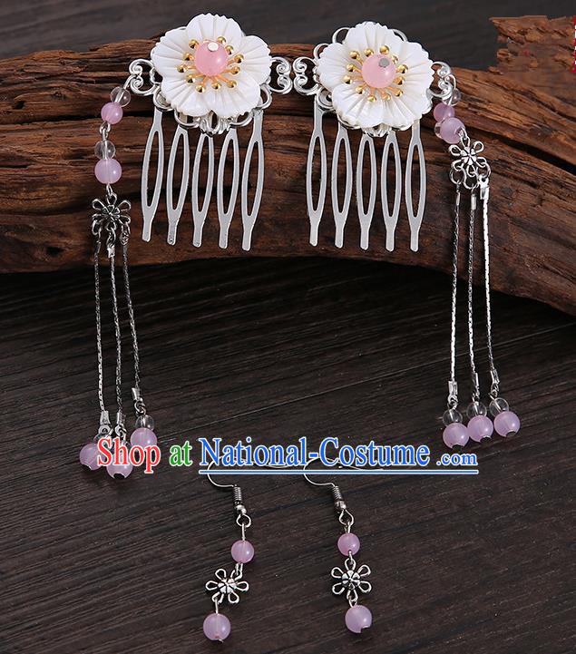 Handmade Asian Chinese Classical Hair Accessories Shell Hair Stick Hairpins and Pink Beads Earrings for Women