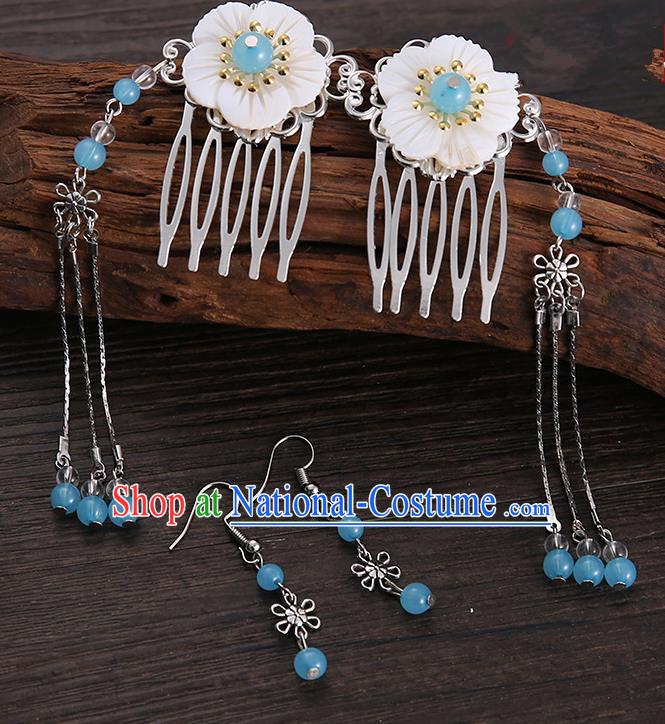 Handmade Asian Chinese Classical Hair Accessories Shell Hair Stick Hairpins and Blue Beads Earrings for Women