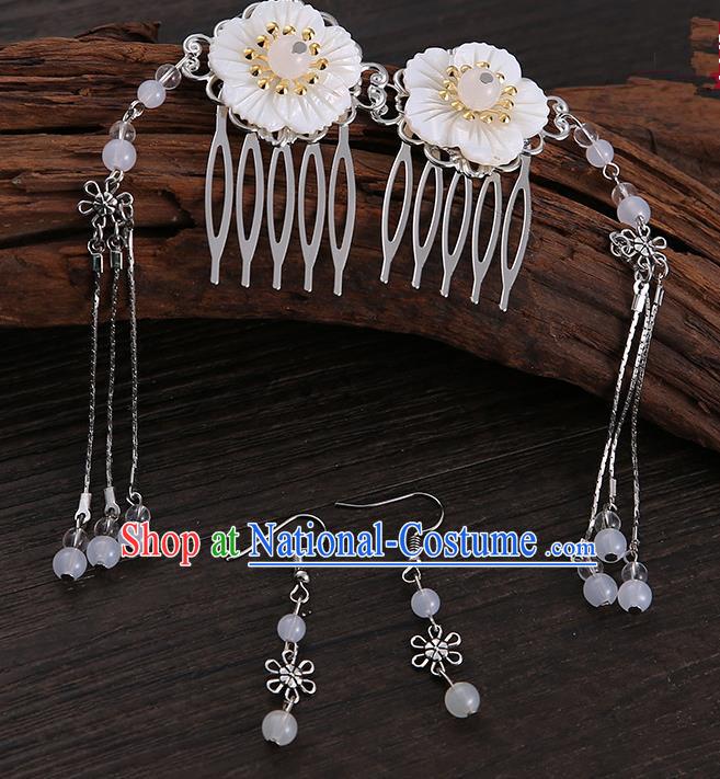 Handmade Asian Chinese Classical Hair Accessories Shell Hair Stick Hairpins and White Beads Earrings for Women