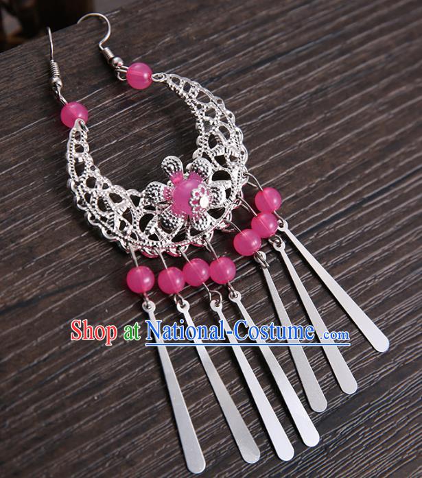 Handmade Asian Chinese Classical Hair Accessories Rosy Beads Tassel Hairpins Hanfu Frontlet Eyebrows Pendant for Women