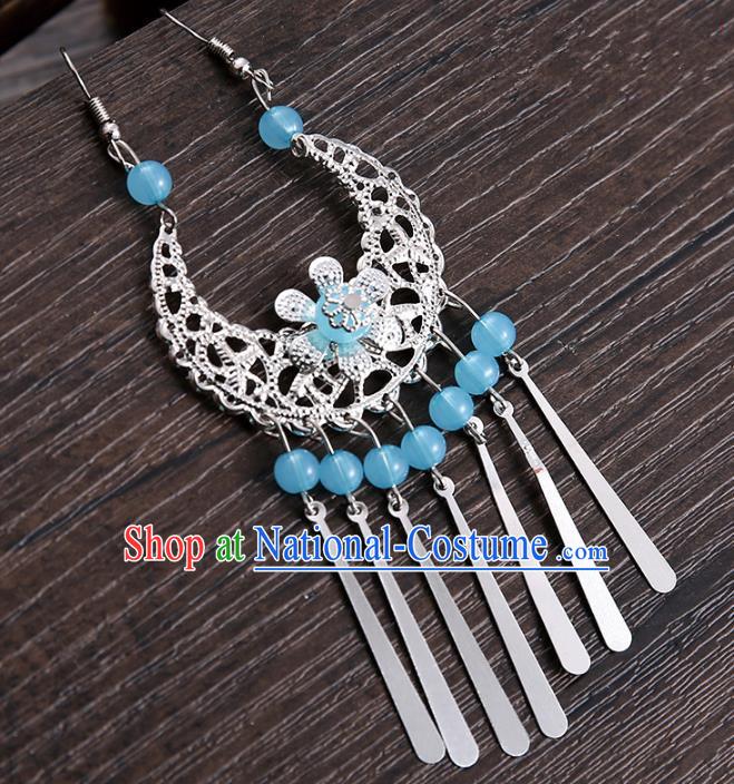 Handmade Asian Chinese Classical Hair Accessories Blue Beads Tassel Hairpins Hanfu Frontlet Eyebrows Pendant for Women