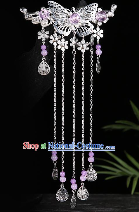 Handmade Asian Chinese Classical Hair Accessories Purple Beads Tassel Hairpins Hanfu Hair Stick for Women