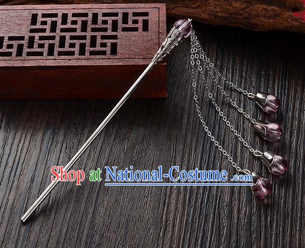 Handmade Asian Chinese Classical Hair Accessories Purple Crystal Beads Tassel Hairpins Hanfu Step Shake for Women