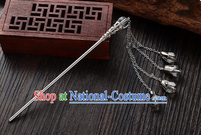 Handmade Asian Chinese Classical Hair Accessories Grey Crystal Beads Tassel Hairpins Hanfu Step Shake for Women