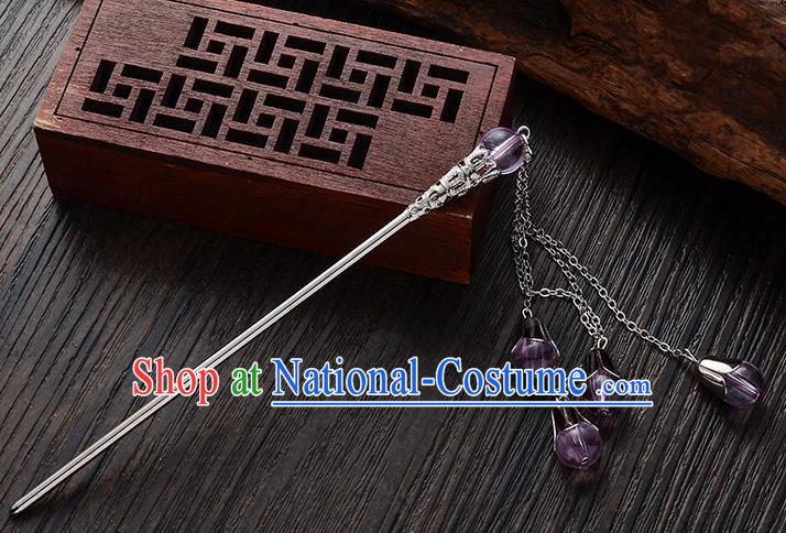 Handmade Asian Chinese Classical Hair Accessories Purple Crystal Beads Tassel Hairpins Hanfu Step Shake for Women