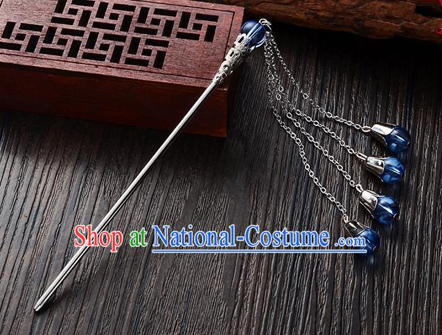 Handmade Asian Chinese Classical Hair Accessories Blue Crystal Beads Tassel Hairpins Hanfu Step Shake for Women