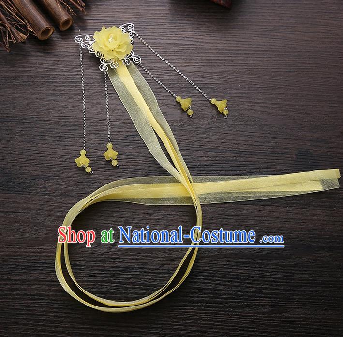 Handmade Asian Chinese Classical Hair Accessories Yellow Ribbon Butterfly Hairpins Hanfu Hair Stick for Women