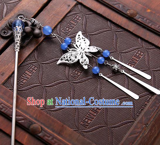 Asian Chinese Handmade Classical Hair Accessories Blue Beads Butterfly Tassel Hair Clip Hanfu Hairpins for Women