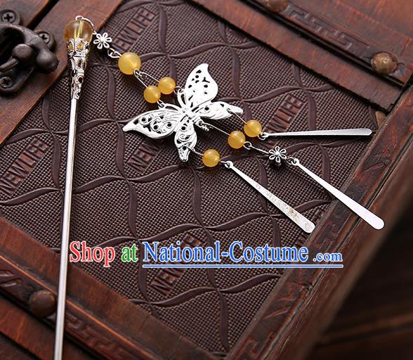 Asian Chinese Handmade Classical Hair Accessories Yellow Beads Butterfly Tassel Hair Clip Hanfu Hairpins for Women