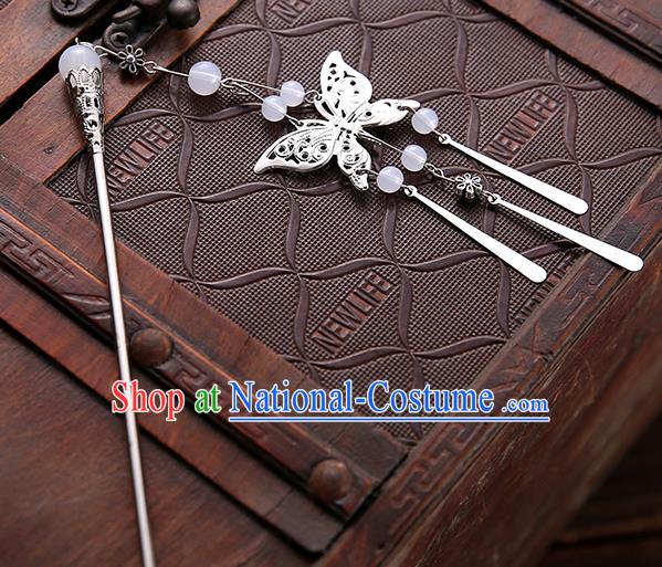 Asian Chinese Handmade Classical Hair Accessories White Beads Butterfly Tassel Hair Clip Hanfu Hairpins for Women