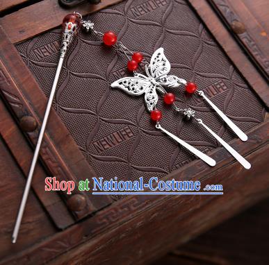 Asian Chinese Handmade Classical Hair Accessories Red Beads Butterfly Tassel Hair Clip Hanfu Hairpins for Women