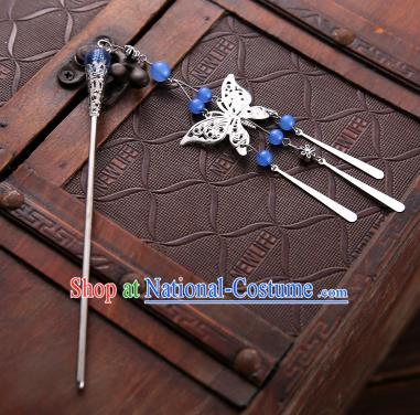 Asian Chinese Handmade Classical Hair Accessories Blue Beads Butterfly Tassel Hair Clip Hanfu Hairpins for Women